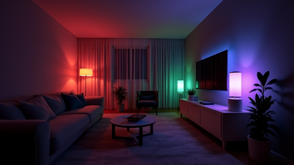 Automated smart lighting in a modern living room with energy-efficient LED bulbs and ambient scenes