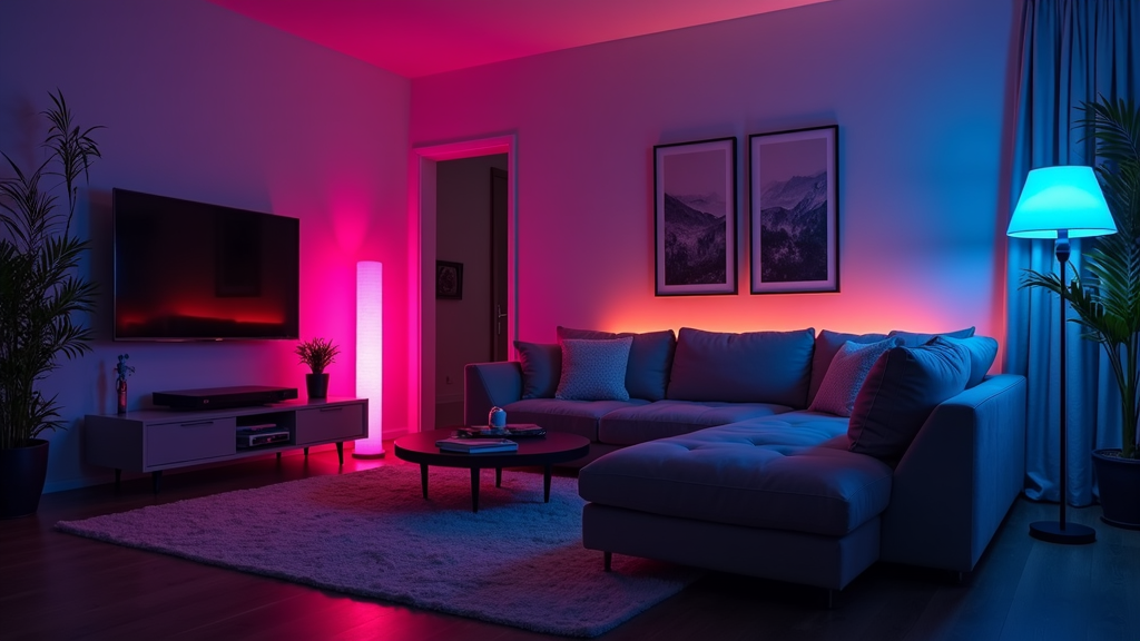 Color changing smart bulbs illuminating a modern living room in multiple hues