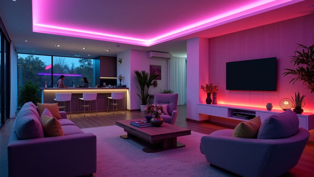 colorful smart LED light strips illuminating a modern living room