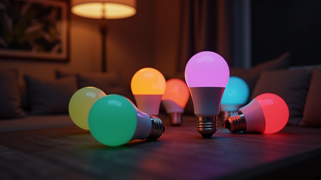 Smart bulbs glowing in a modern home with a variety of colors