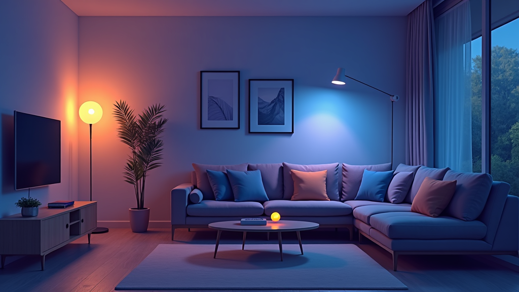 Smart lighting bulbs and voice assistant devices on a home shelf.