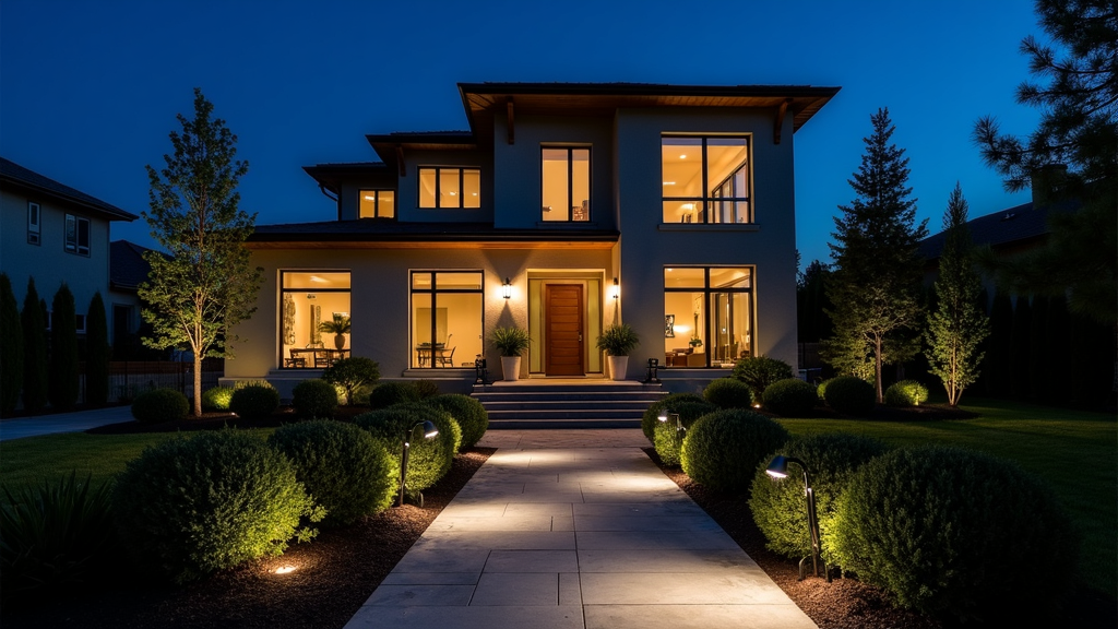 Smart Outdoor Lighting at Night – Modern Home with Garden Pathway Lights and Motion Sensors