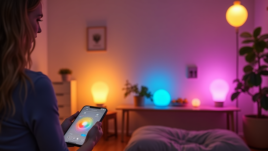 A bright, colorful room with different smart LED bulbs, wireless switches, and a mobile phone controlling the lights.