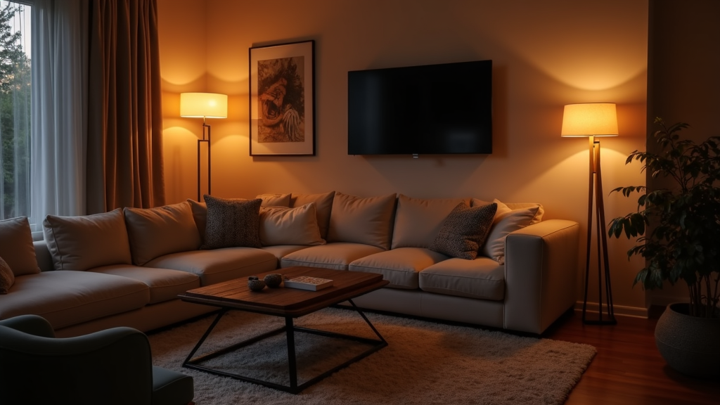 A cozy modern living room with multiple smart dimmable light fixtures, emphasizing ambiance and mood lighting.
