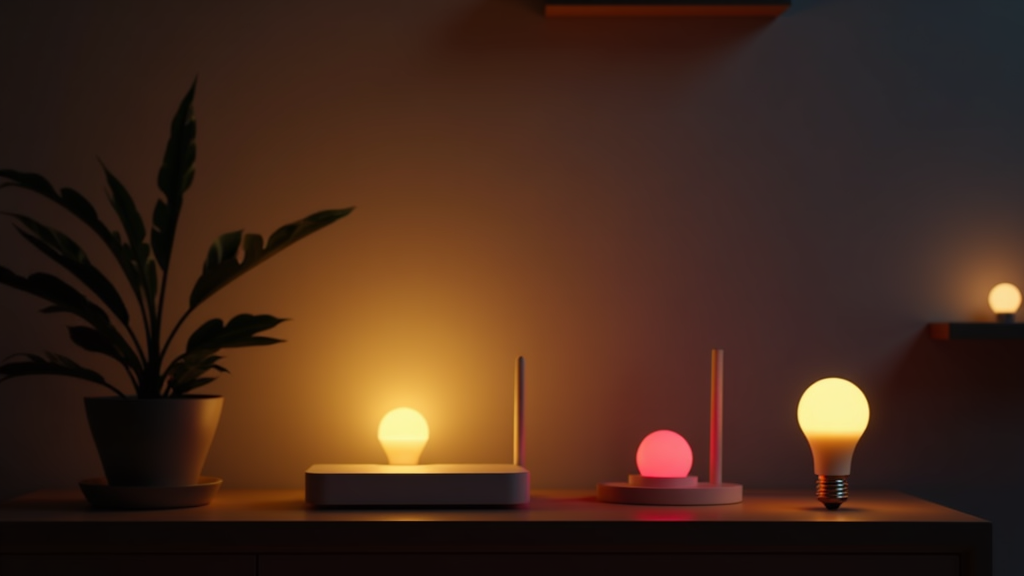 Closeup of a modern smart LED light bulb glowing softly in a stylish living room with other lamps and a Wi-Fi router in the background.